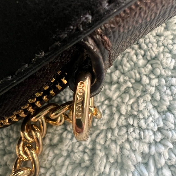 Coach Zip ID Card Case Coin Mini Leather Wallet Chain Brown Signature - Picture 4 of 5
